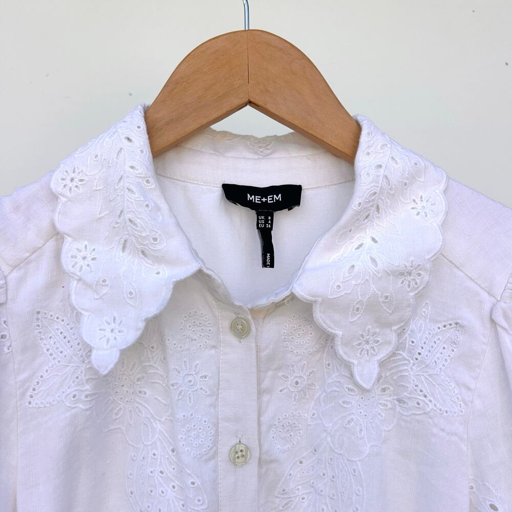 ME+EM Broderie Anglaise White Maxi Belted Puff Sleeve Dress Lace Cottage 0 - Picture 6 of 11